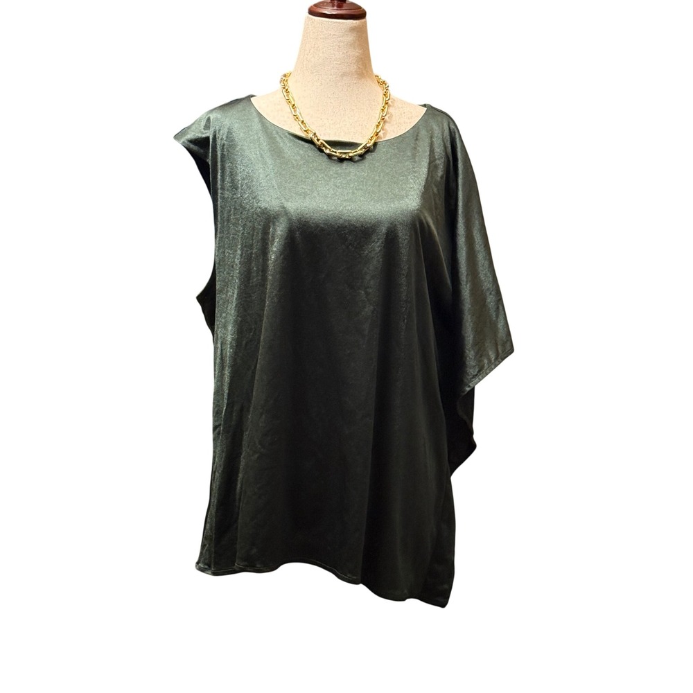 Alfani Womens XL Forest Green Asymmetric Drape Metallic Shimmer Blouse NWT